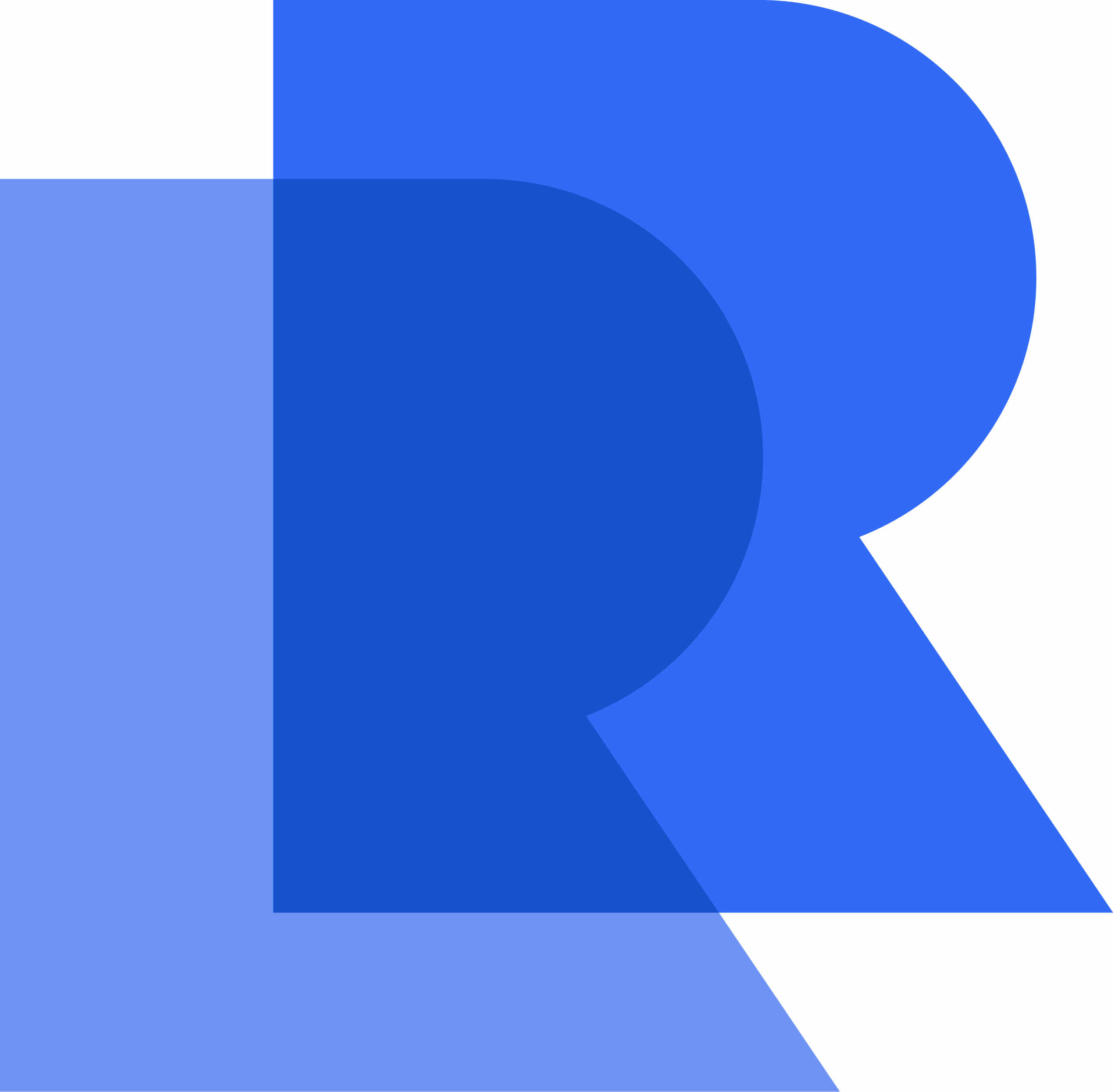 FinCEN real estate report Bold blue letter R overlapping with a semi-transparent, lighter blue triangle and half circle on a white background, creating a geometric and layered visual effect.