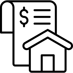 FinCEN real estate report Black and white icon showing a receipt with a dollar sign next to a house, representing a bill or payment related to housing or real estate.