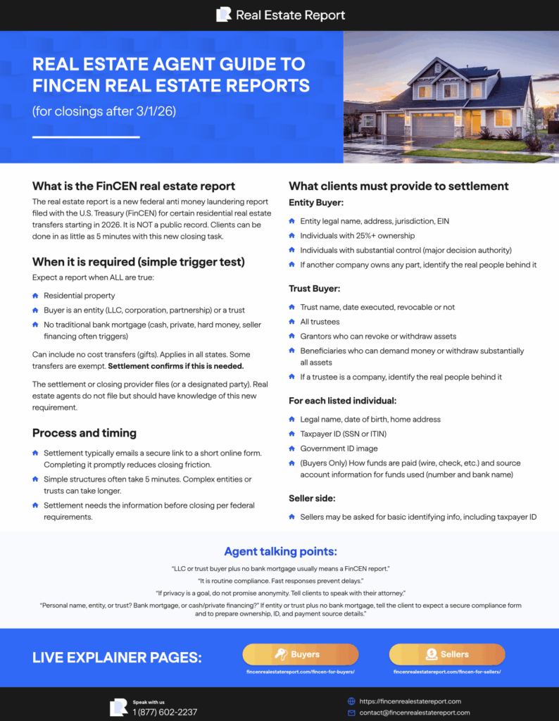 FinCEN real estate report An informative real estate flyer explains FinCEN reporting requirements for certain property sales, including triggers, process, required client information, and trusted buyer rules, with contact details and website links at the bottom.