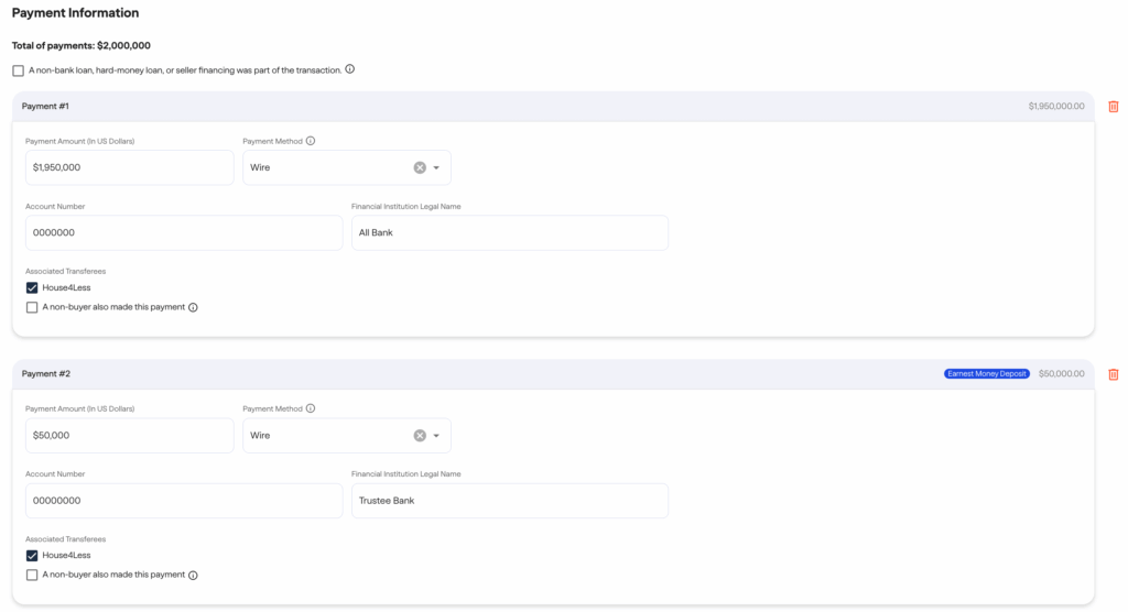 FinCEN real estate report A payment information form showing a 
