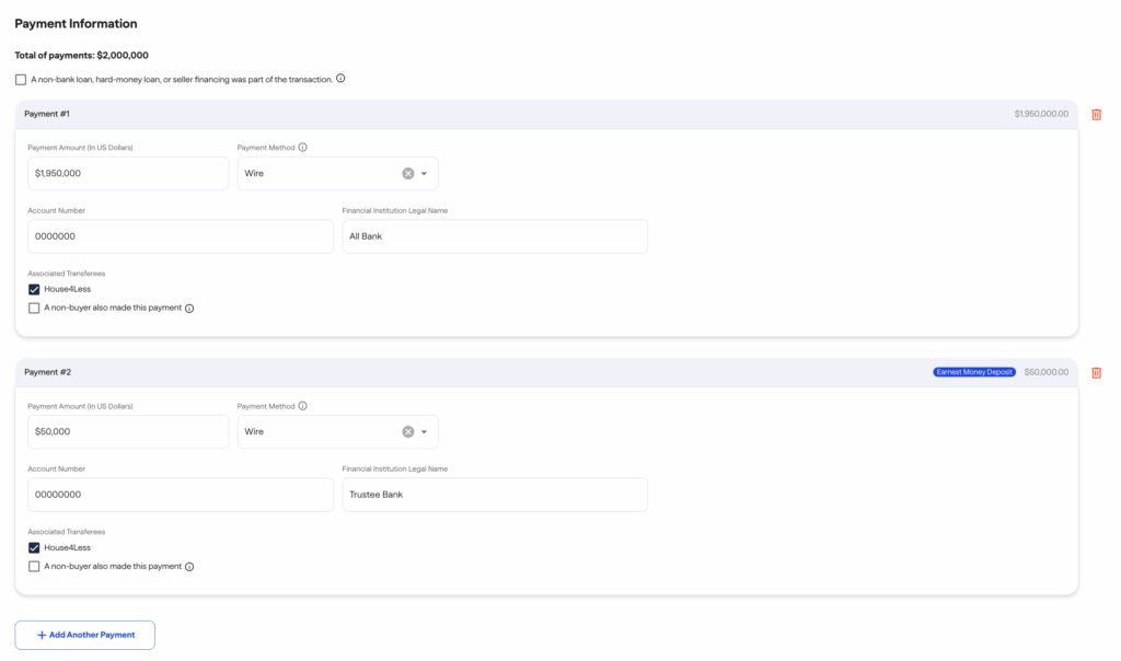 FinCEN real estate report A payment information page shows a total payment of 