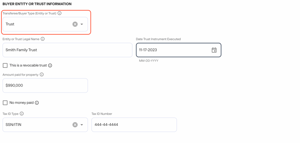 FinCEN real estate report Online form titled Buyer Entity or Trust Information with fields filled for a trust: Smith Family Trust, executed on 11-17-2023, amount 0,000, and tax ID number 444-44-4444; buyer type is selected as Trust.