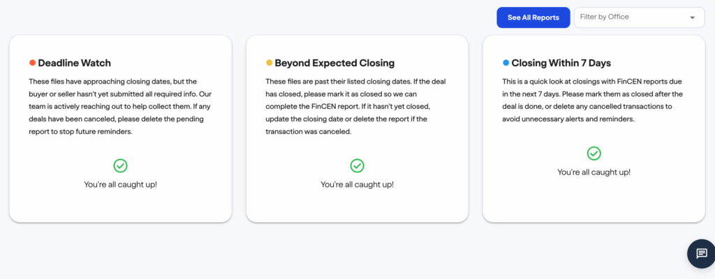 FinCEN real estate report A dashboard displays three sections: Deadline Watch, Beyond Expected Closing, and Closing Within 7 Days. Each section shows a check mark and the message “You’re all caught up!” with buttons for report actions above.