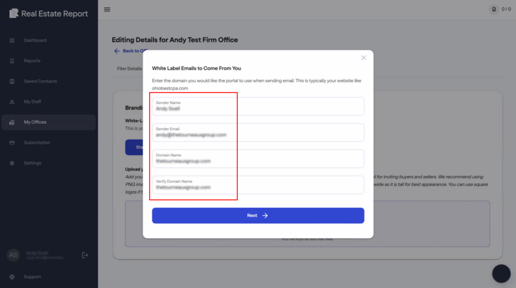 FinCEN real estate report A web form titled White Label Emails to Come From You displays fields for sender name, sender email, domain name, and white label domain name, with the fields highlighted by a red box.
