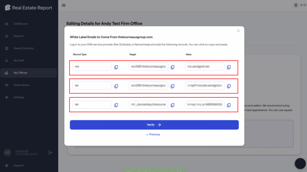 FinCEN real estate report A web page displays DNS email setup instructions, showing three fields for adding records: one mx type and two txt types, each with Target and Value fields filled, inside a highlighted box.