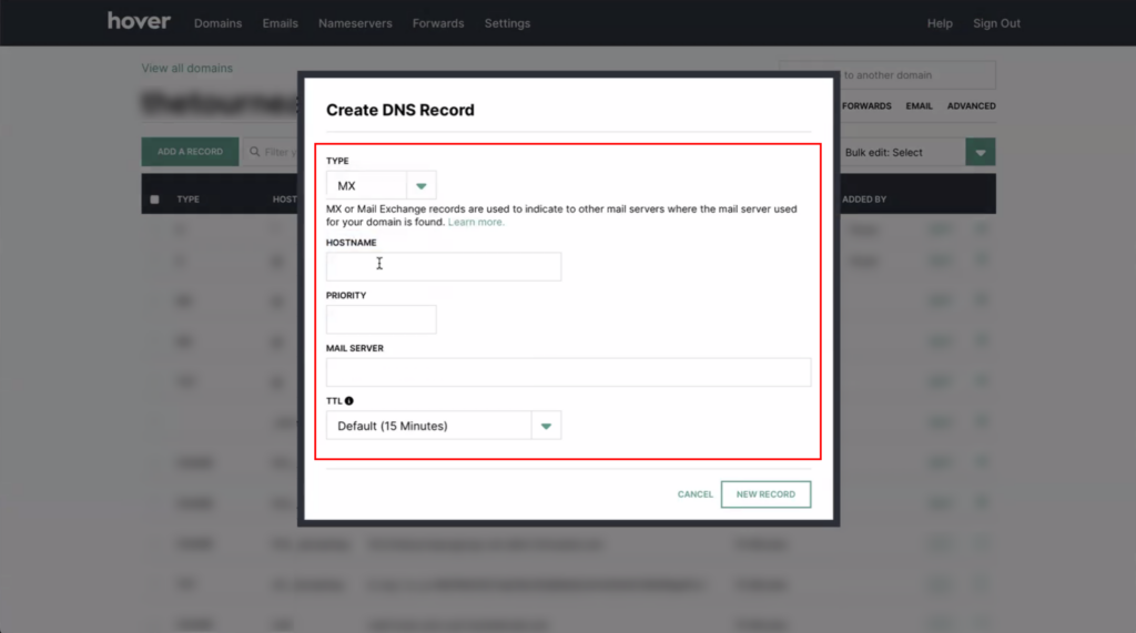 FinCEN real estate report A screenshot of a Create DNS Record form on Hover, showing fields for Type (set to MX), Hostname, Priority, Mail Server, and TTL, with Cancel and New Record buttons at the bottom.