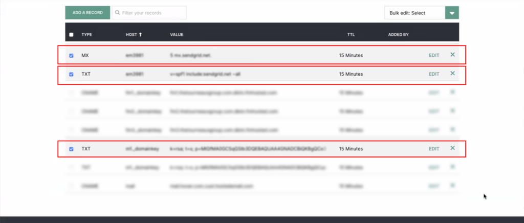 FinCEN real estate report Screenshot of a DNS records management interface showing MX and TXT records, with three records highlighted in red boxes. Each record lists type, name, value, TTL, and options to edit or delete.