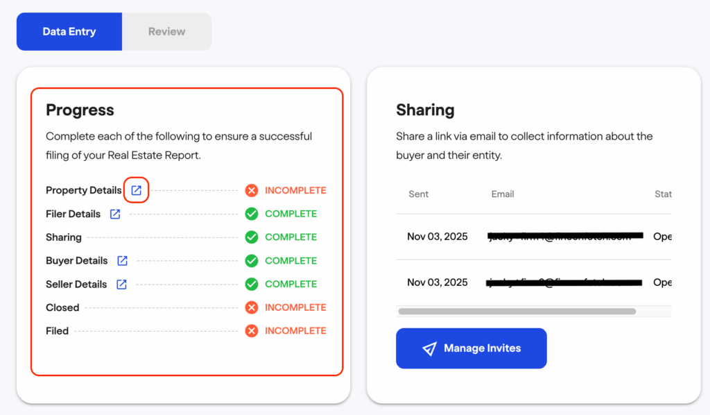 How to edit a report Photo 4 - fincenrealestatereport.com FinCEN real estate report A dashboard displays progress for a real estate report, showing some tasks as complete and others as incomplete. On the right, sharing options and invite management are visible, with partially hidden email addresses.