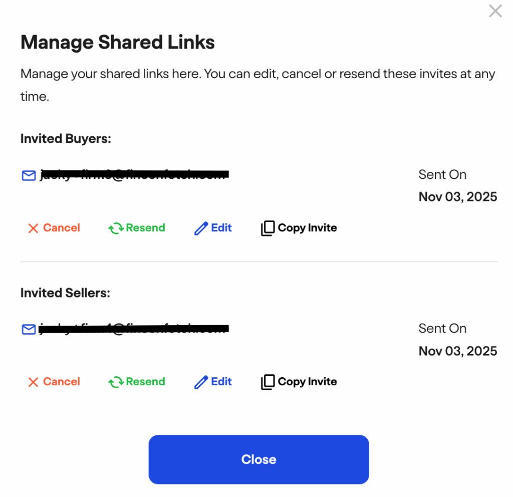 How to edit a report Photo 6 - fincenrealestatereport.com FinCEN real estate report A dashboard titled Manage Shared Links shows invited buyers and sellers with their email addresses partially hidden, options to cancel, resend, edit, or copy invites, and invitation dates listed as Nov 03, 2025.
