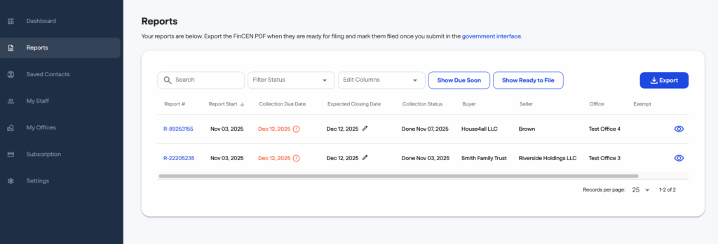 Report dashboard 1 - fincenrealestatereport.com FinCEN real estate report A dashboard reports page shows a list of report records with columns for report info, start/end dates, due dates, collector, and office. Two reports are listed with options to export or filter results on the right.