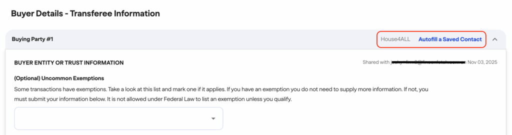 FinCEN real estate report Screenshot of a form titled Buyer Details - Transferee Information, showing fields for buying party, buyer entity or trust information, and a dropdown for exemptions. The Autofill Saved Contact option is highlighted.