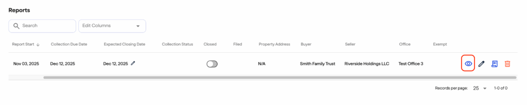 Screenshot 2025-11-11 at 102642 AM - fincenrealestatereport.com FinCEN real estate report A report table with columns for dates, property info, and owner details. Icons for view, edit, and more options are on the far right of a single row entry. Search and filter options appear at the top.
