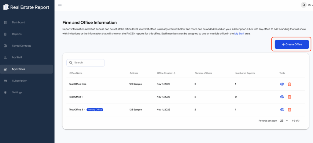 Screenshot 2025-11-11 at 9.56.07 AM - fincenrealestatereport.com FinCEN real estate report A dashboard page titled Firm and Office Information displays a list of offices and details. A blue + Create Office button is highlighted on the right. The left side shows the main navigation menu.