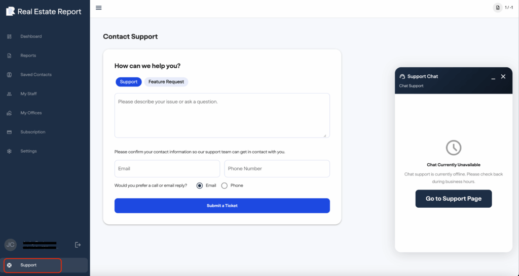 Screenshot 2025-12-10 at 115612 AM-2 - fincenrealestatereport.com FinCEN real estate report A support page for Real Estate Report displays a form to submit a support or feature request, fields for email and phone number, and a Submit a Ticket button. A chat window says chat is unavailable.