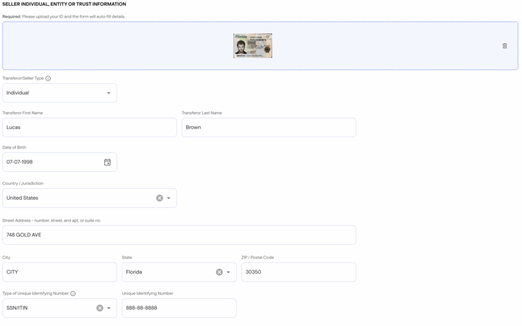 FinCEN real estate report A form titled Seller Individual, Entity or Trust Information is filled out with details such as name (Lucas Brown), date of birth, address in Florida, and a Social Security Number. An ID card image is uploaded at the top.