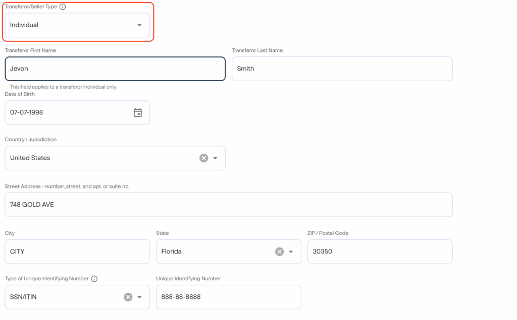 FinCEN real estate report A form filled out with personal information including name (Jevon Smith), address (748 Gold Ave, City, Florida, 30350), date of birth, country, and SSN/TIN number. Individual is selected as the Transferor/Seller Type.