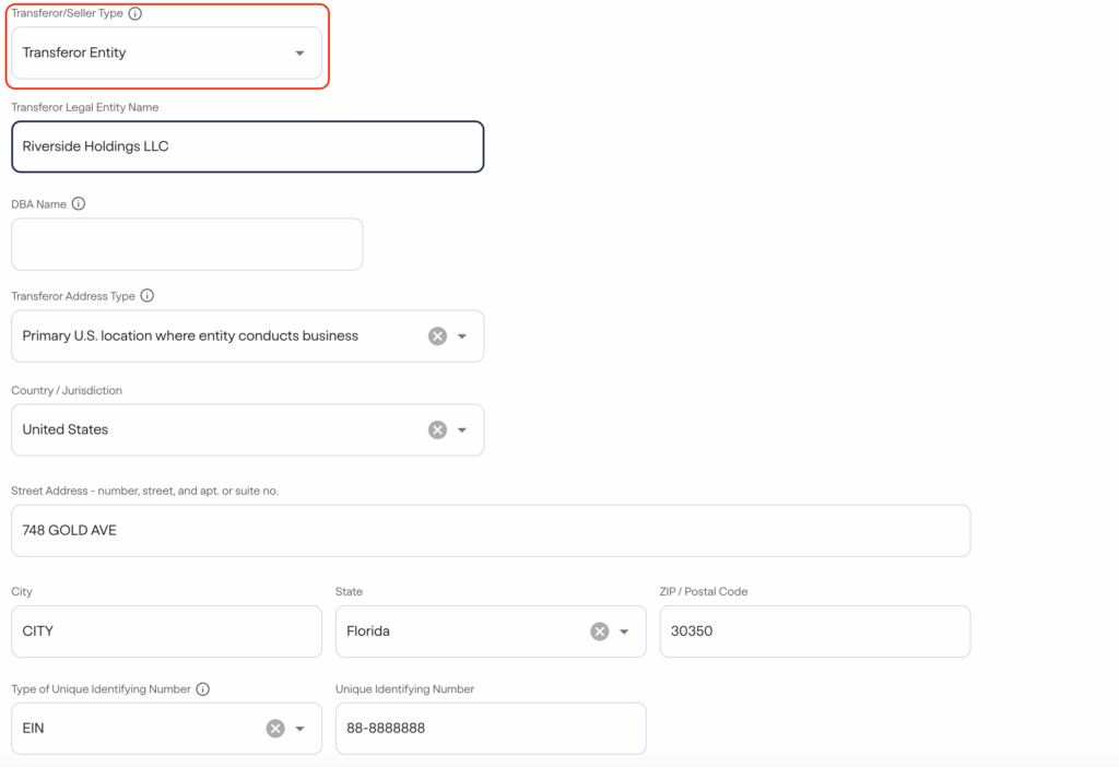 FinCEN real estate report A form requesting business information, including transferor/seller type, legal entity name, address, and identification numbers such as EIN, with some fields filled in, like Riverside Holdings LLC and a Florida address.