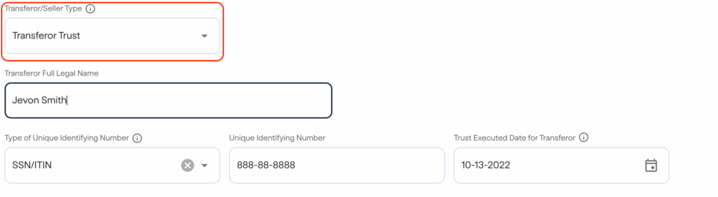 FinCEN real estate report A digital form with fields filled: Transferor/Seller Type set to Transferor Trust, Transferor Full Legal Name as Jevon Smith, SSN/ITIN selected, with number 888-88-8888, and date 10-13-2022.