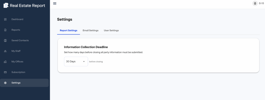 FinCEN real estate report A dashboard for Real Estate Report shows the Settings page, with a section to set the number of days before closing for submitting party information, defaulted to 30 days. Navigation menu is on the left.