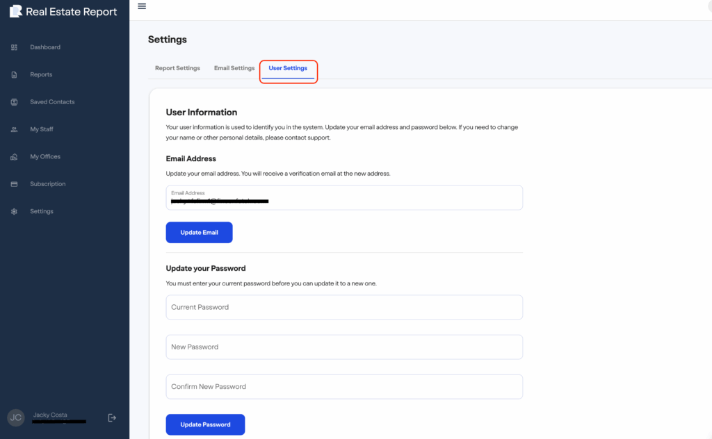 FinCEN real estate report A settings page for a real estate report platform shows the User Settings tab selected, with sections to update email address and password. Editable fields and blue Update buttons are visible.
