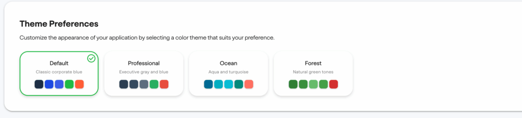 FinCEN real estate report Theme Preferences options on a user interface screen: Default (blue, selected), Professional (gray and blue), Ocean (aqua and turquoise), and Forest (green tones). Each option displays a color palette.