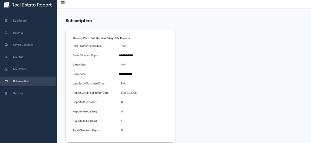 FinCEN real estate report A dashboard screen from a real estate reporting platform shows subscription details, including plan schedule, base price, batch size, purchase date, expiration date, and report usage statistics.