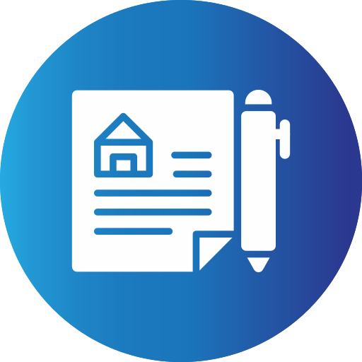 FinCEN real estate report A blue circular icon showing a document with a house symbol and lines next to a pen, representing writing or signing a real estate or home-related document.