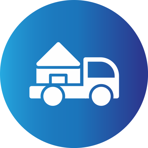 FinCEN real estate report A white icon of a moving truck carrying a house on its bed, displayed on a blue circular background.
