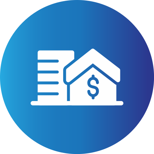 FinCEN real estate report White icon of a house with a dollar sign and stacked coins beside it, set against a blue circular gradient background.