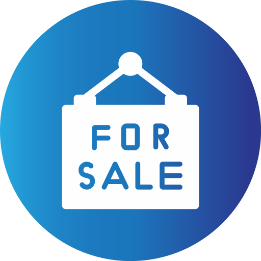 FinCEN real estate report White For Sale sign icon hanging on a post, centered on a blue circular gradient background.
