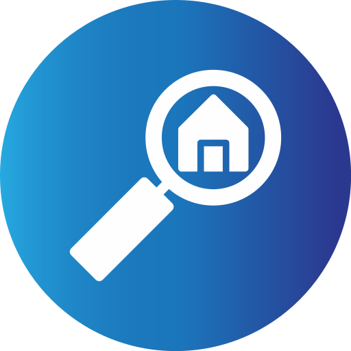 FinCEN real estate report A white magnifying glass with a house icon inside it is centered on a blue circular background, symbolizing searching for a home or real estate.