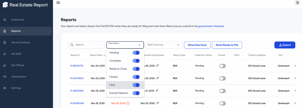 walkthrough of statuses photo 2 - fincenrealestatereport.com FinCEN real estate report A real estate report dashboard shows a list of reports with filters for status, export options, due dates, and details such as report number, status, and property address in a table format.