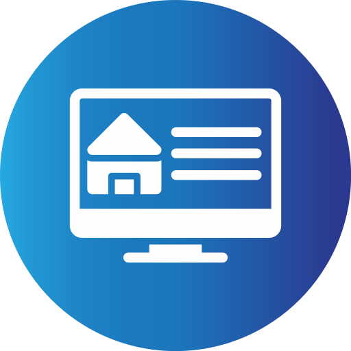 FinCEN real estate report A white icon of a computer monitor displaying a house symbol and three horizontal lines, set on a blue circular gradient background, representing a website or home page.